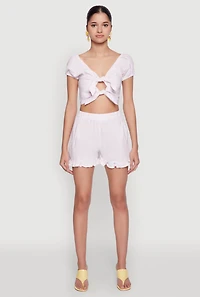 Womens Pinstripe Double Tie Front Crop Top, Pink, Size L
