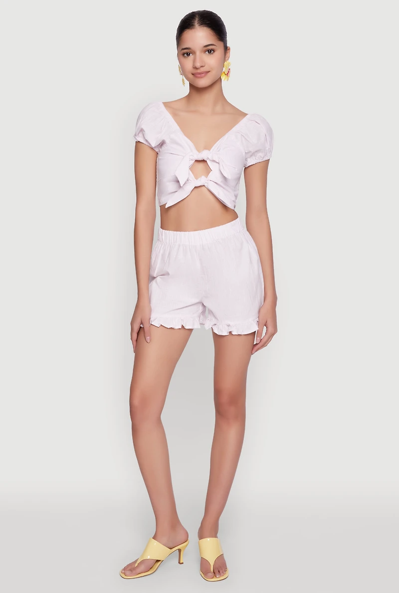 Womens Pinstripe Double Tie Front Crop Top, Pink, Size L