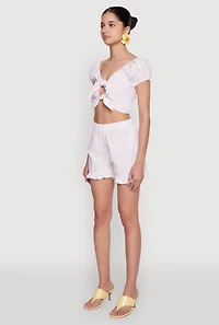 Womens Pinstripe Double Tie Front Crop Top, Pink, Size L