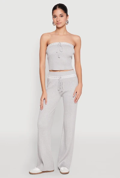 Womens Almost Famous Lace Detail Wide Leg Pants, Grey, Size L