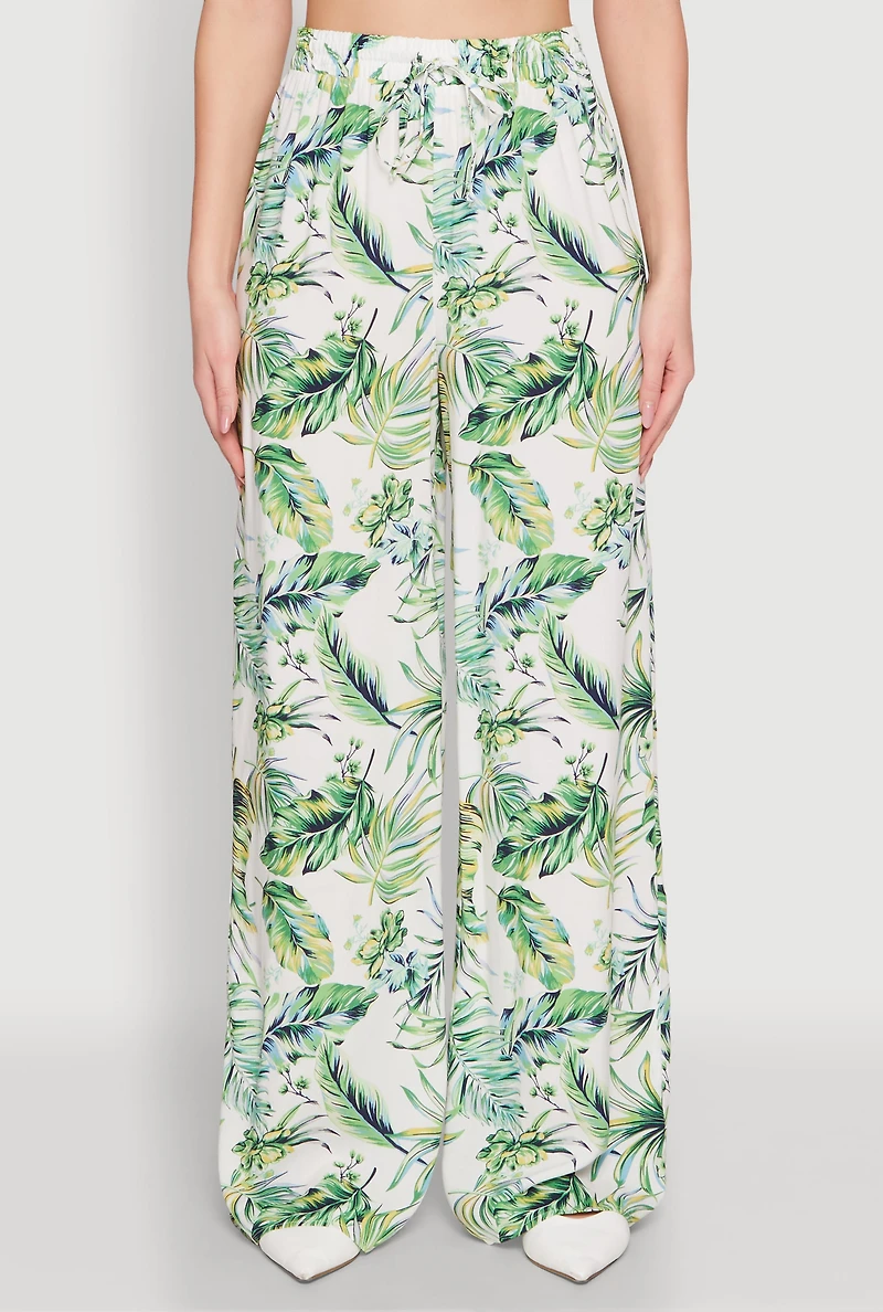 Womens Almost Famous Tropical Print Palazzo Pants, Green, Size XL