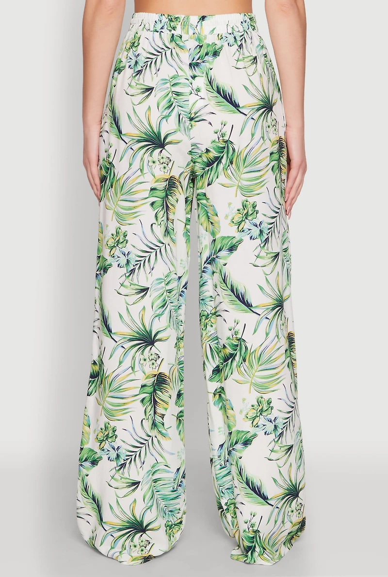 Womens Almost Famous Tropical Print Palazzo Pants, Green, Size L