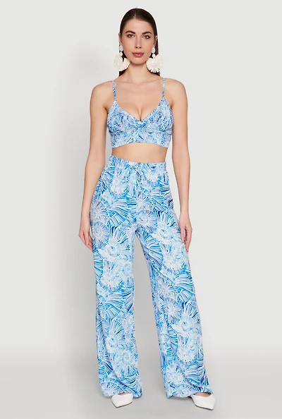 Womens Almost Famous Tropical Print Palazzo Pants, Blue, Size M