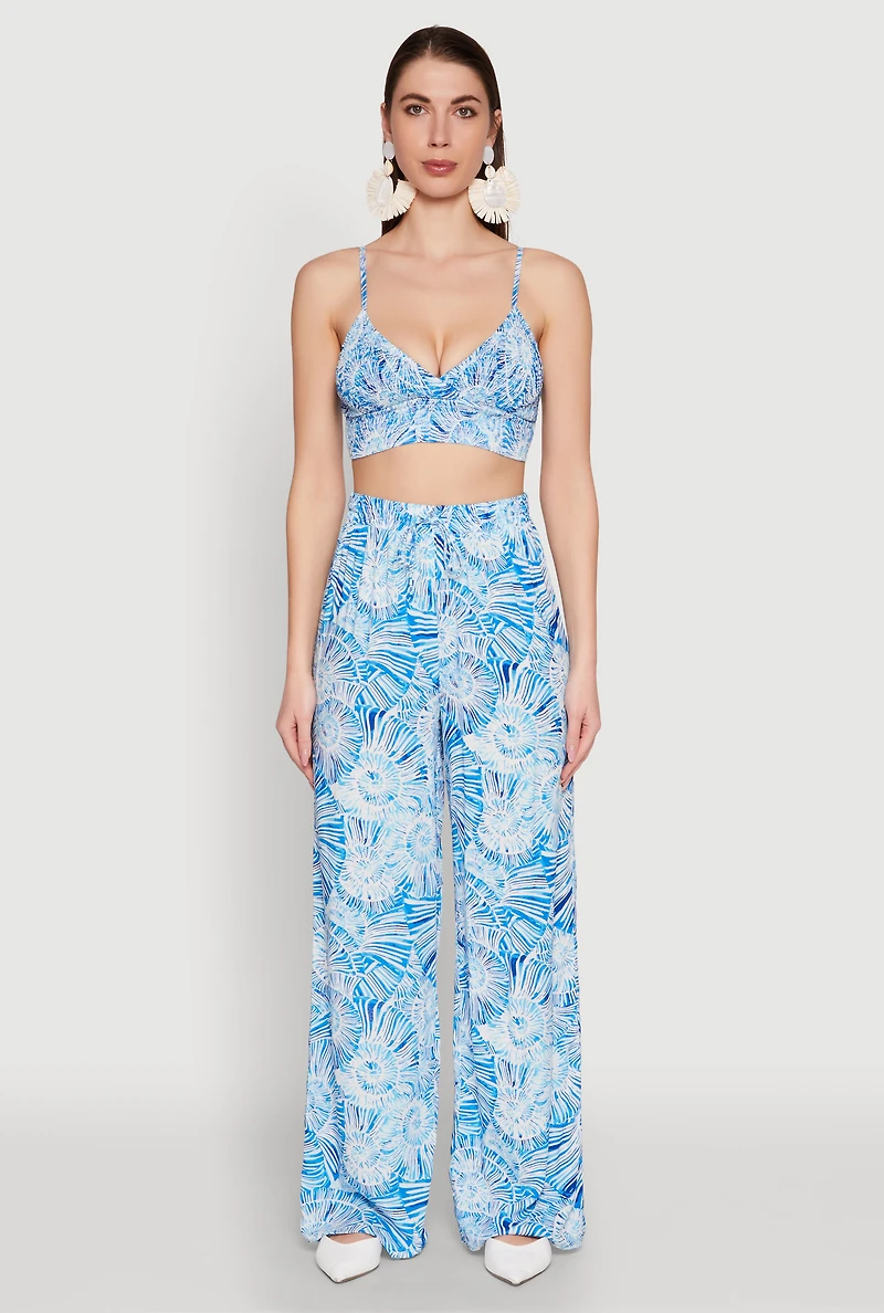 Womens Almost Famous Tropical Print Palazzo Pants, Blue, Size L