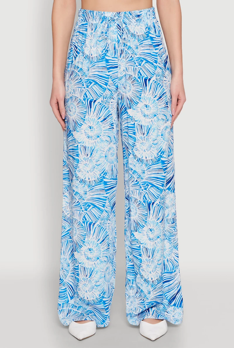 Womens Almost Famous Tropical Print Palazzo Pants, Blue, Size L