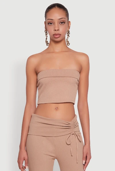 Womens Almost Famous Fold Over Tube Top, Beige, Size S