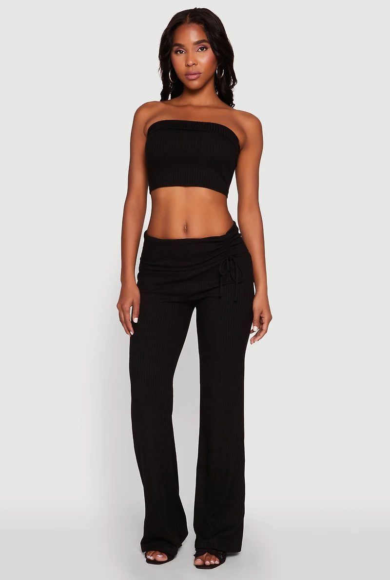 Womens Almost Famous Ruched Fold Over Pants, Black, Size L