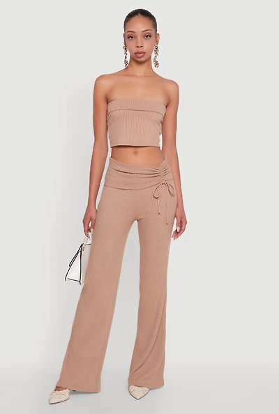 Womens Almost Famous Ruched Fold Over Pants, Khaki, Size XL