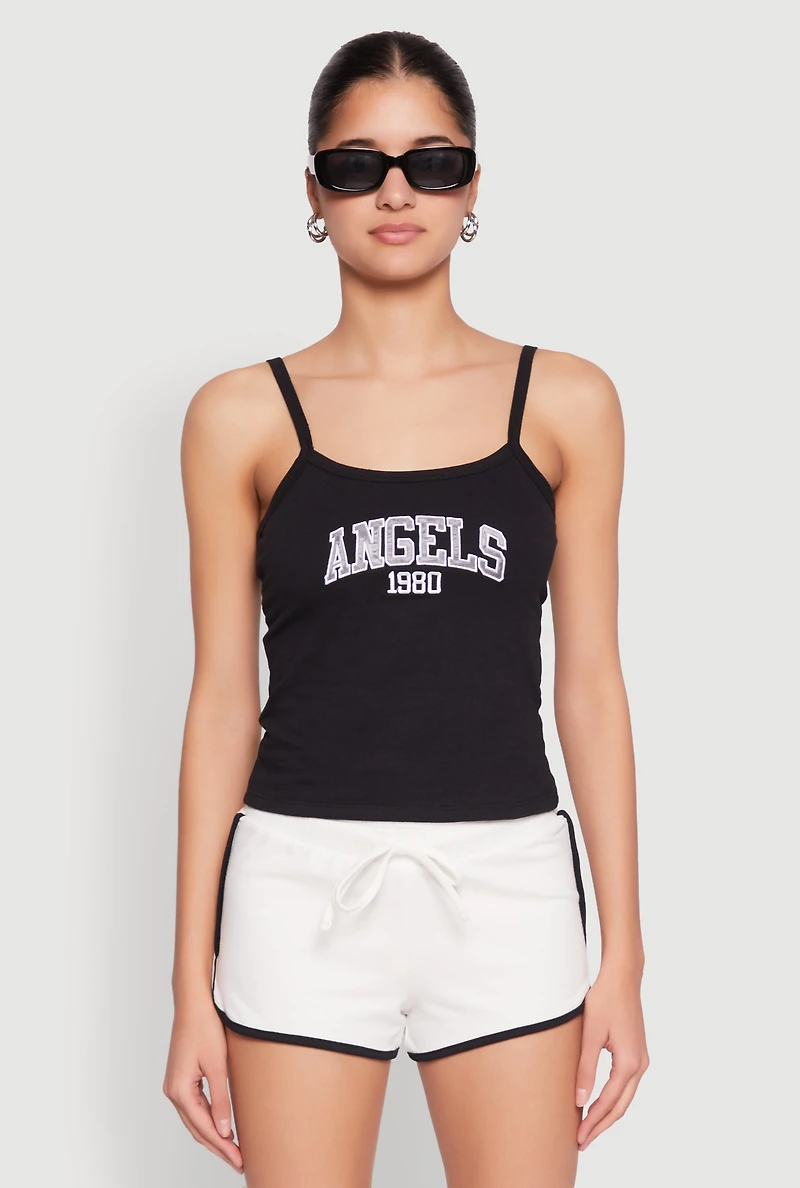 Womens Almost Famous Graphic Print Cropped Cami, Black, Size M