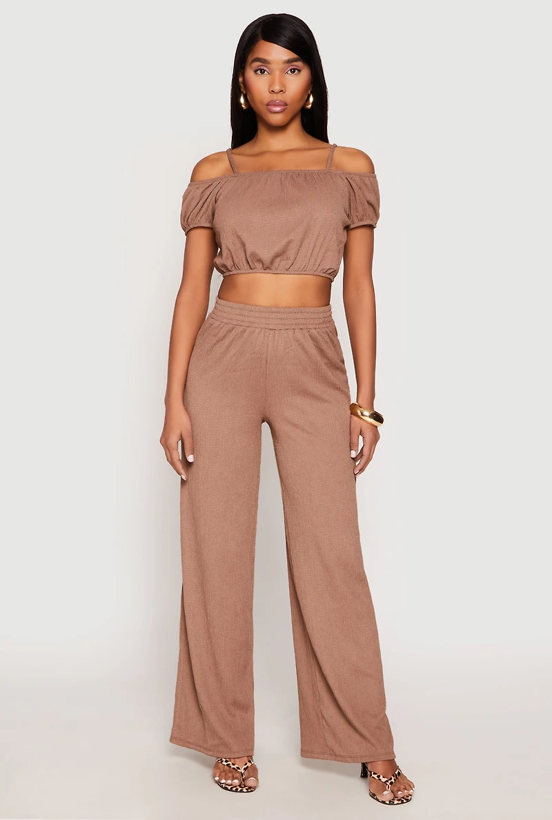 Womens Almost Famous Textured Knit Cold Shoulder Crop Top, Brown, Size L