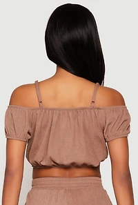 Womens Almost Famous Textured Knit Cold Shoulder Crop Top, Brown, Size L