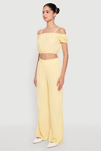 Womens Almost Famous Textured Knit Cold Shoulder Crop Top, Yellow, Size M