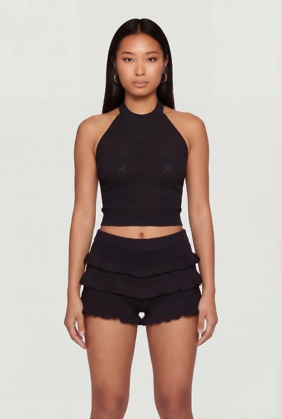 Pointelle Knit Halter Crop Top