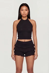 Pointelle Knit Halter Crop Top