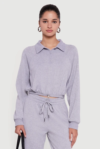 Womens Almost Famous Drawstring Hem Cropped Polo Sweatshirt,