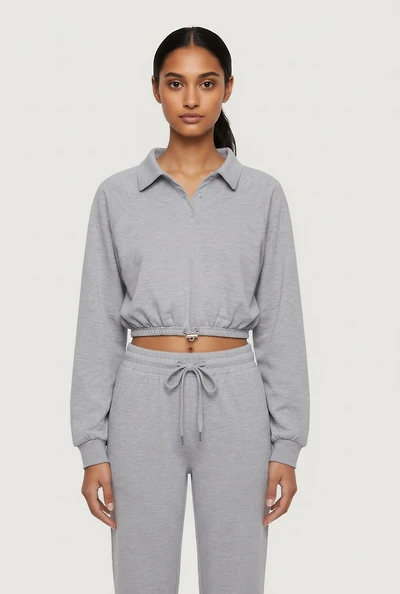 Almost Famous Drawstring Hem Cropped Polo Sweatshirt