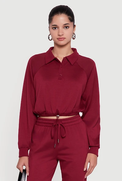 Womens Almost Famous Drawstring Hem Cropped Polo Sweatshirt,