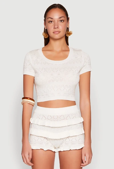 Womens Almost Famous Pointelle Knit Crop Top, White, Size M