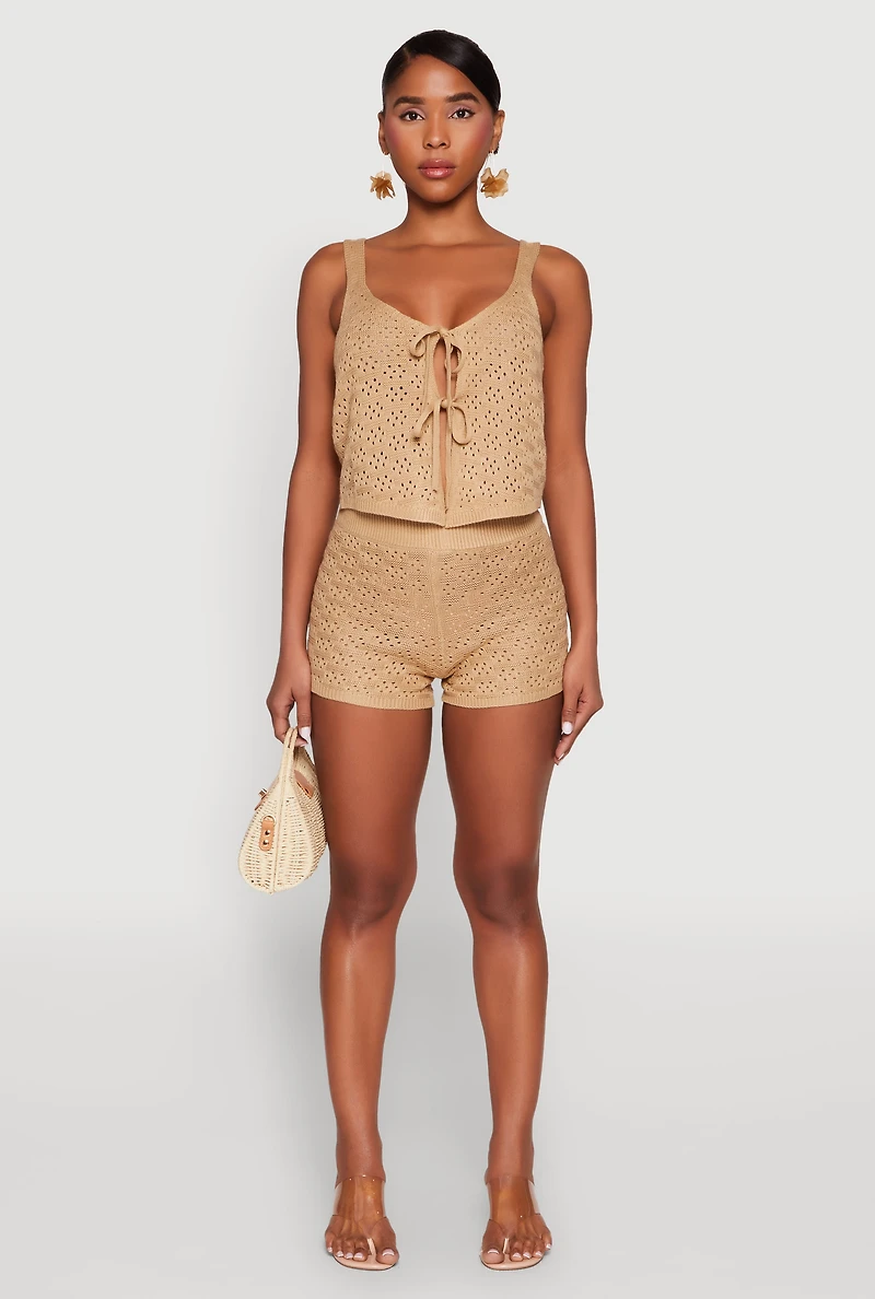Womens Almost Famous Pointelle Crochet Shorts, Khaki,