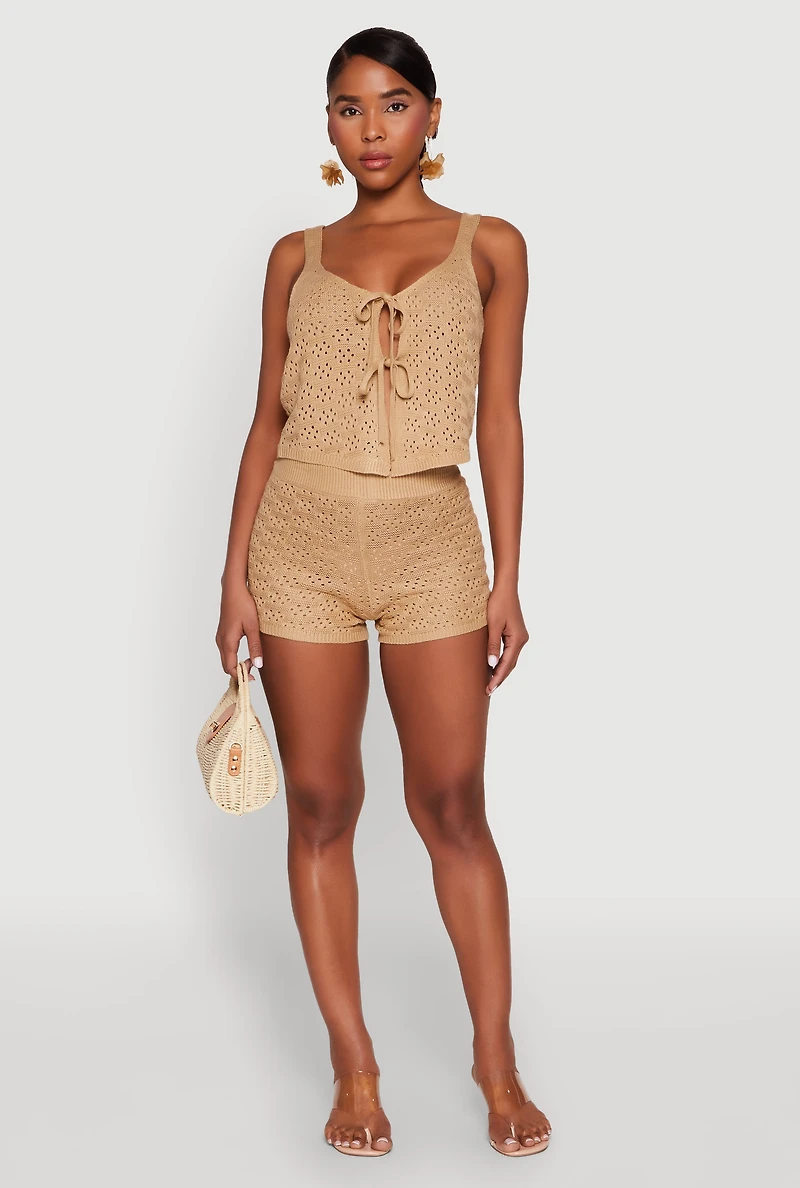 Womens Almost Famous Pointelle Crochet Shorts, Khaki,