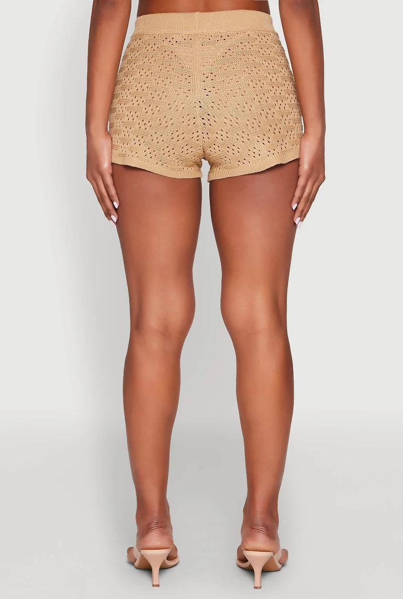 Womens Almost Famous Pointelle Crochet Shorts, Khaki,