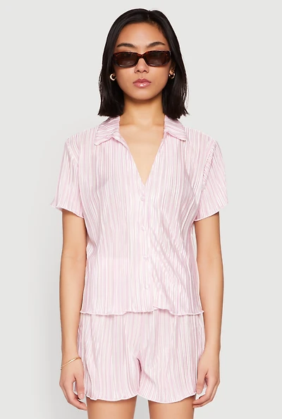 Womens Almost Famous Plisse Striped Shirt, Pink, Size L