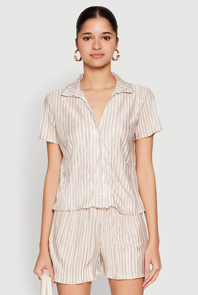 Womens Almost Famous Plisse Striped Shirt,