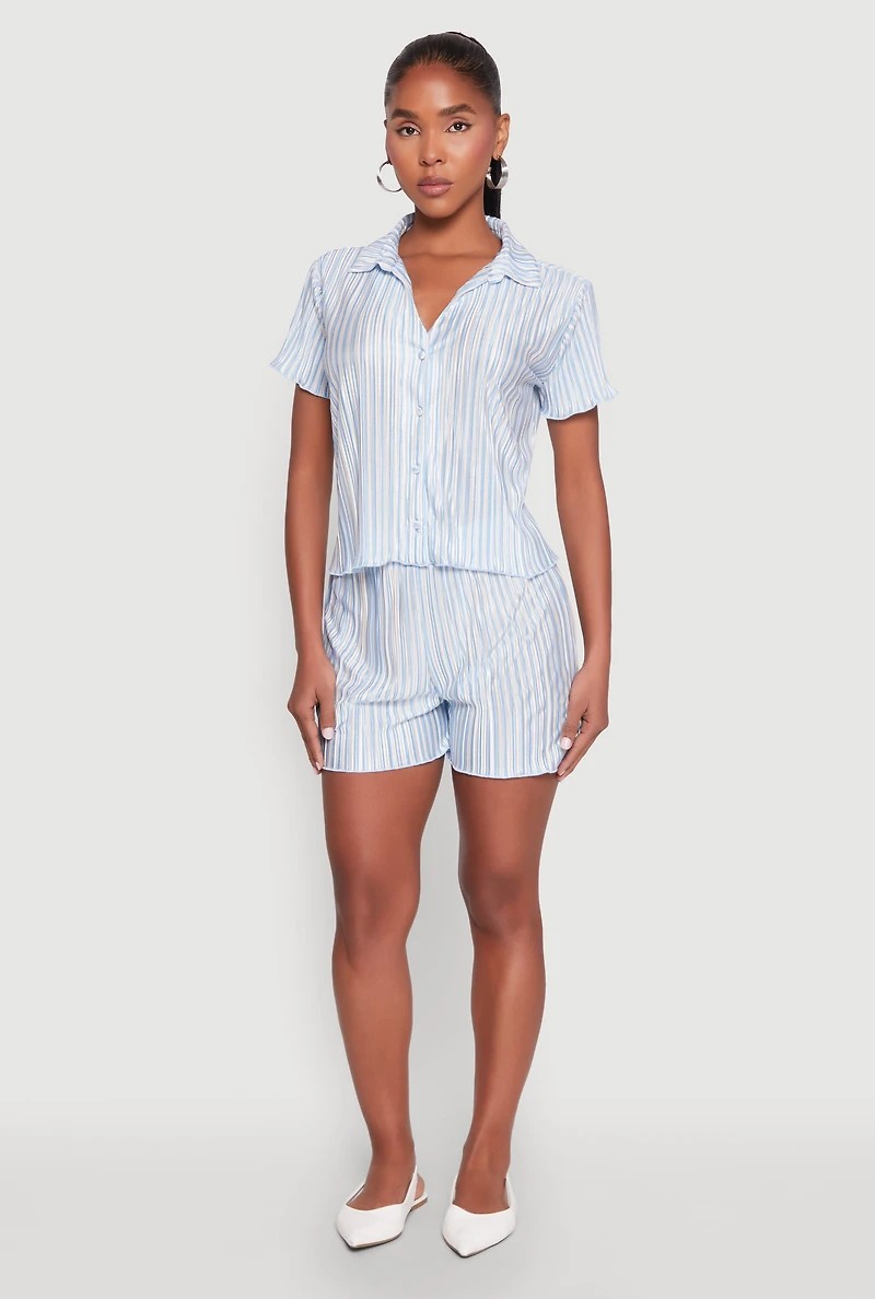 Womens Almost Famous Plisse Striped Shirt, Blue, Size M