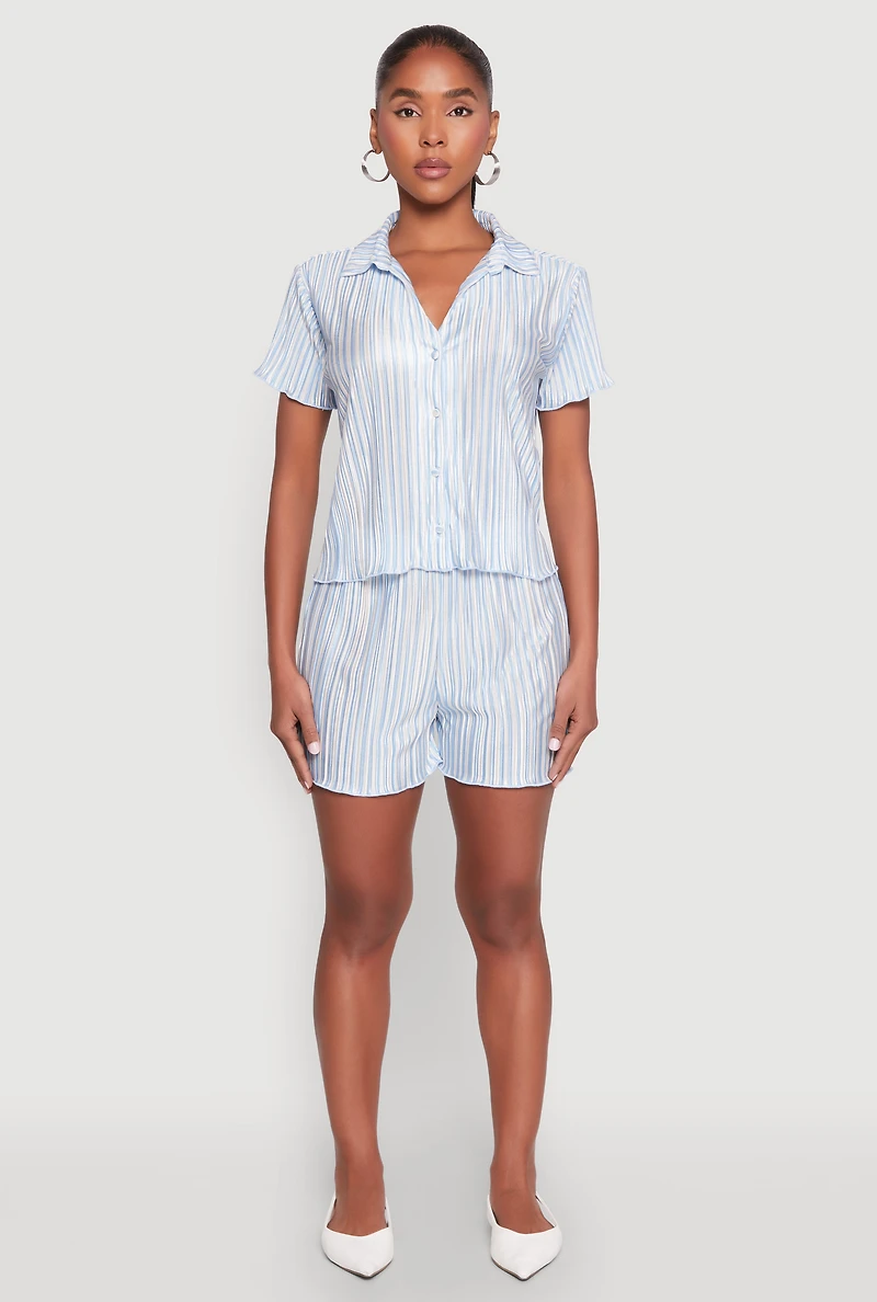 Womens Almost Famous Plisse Striped Shirt, Blue, Size M
