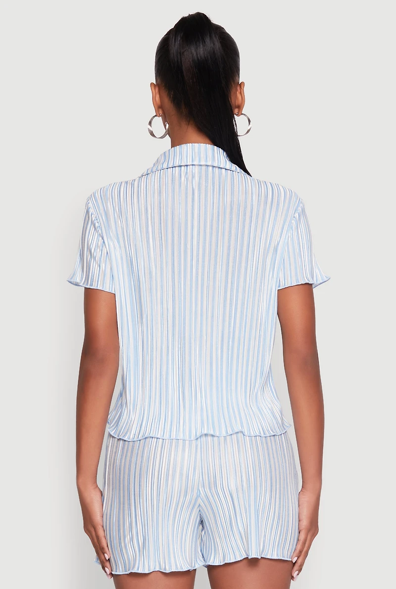 Womens Almost Famous Plisse Striped Shirt, Blue, Size M