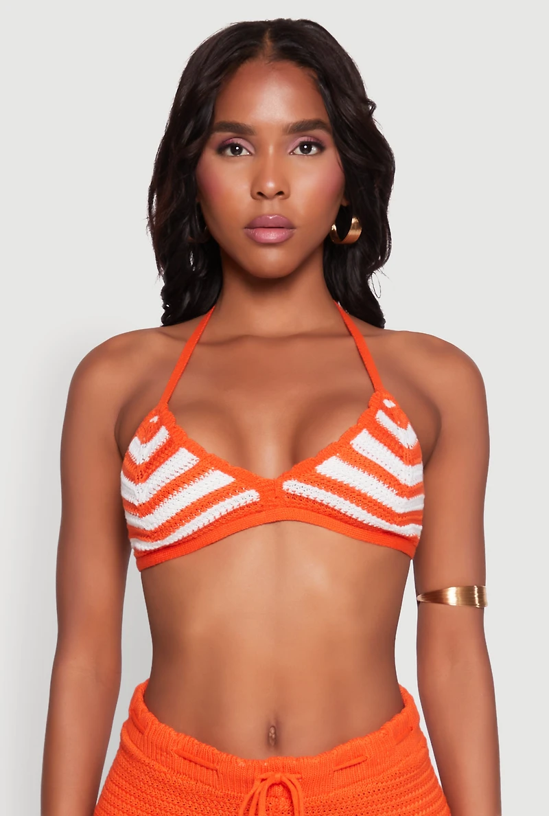 Womens Almost Famous Crochet Striped Halter Crop Top, Orange, Size L