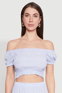 Womens Almost Famous Pinstripe Smocked Crop Top, Blue, Size M