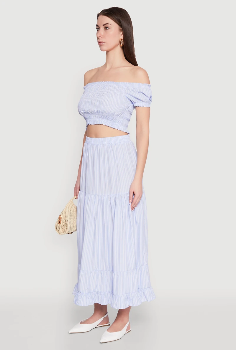 Womens Almost Famous Pinstripe Smocked Crop Top, Blue,