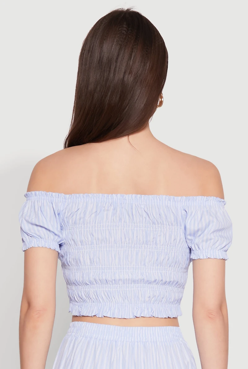 Womens Almost Famous Pinstripe Smocked Crop Top, Blue, Size M