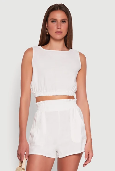 Womens Chic Linen Tank Top with Cropped Hem and Button Back, White, Size M