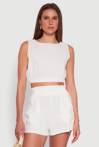 Womens Chic Linen Tank Top with Cropped Hem and Button Back, White, Size M