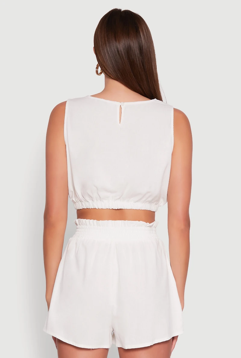 Womens Chic Linen Tank Top with Cropped Hem and Button Back, White, Size M