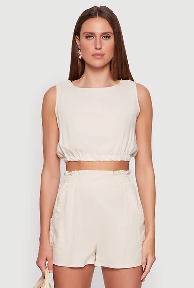 Womens Chic Linen Tank Top with Cropped Hem and Button Back, Beige, Size L