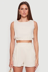 Womens Chic Linen Tank Top with Cropped Hem and Button Back, Beige, Size L