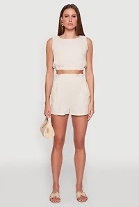 Womens Chic Linen Tank Top with Cropped Hem and Button Back, Beige, Size L