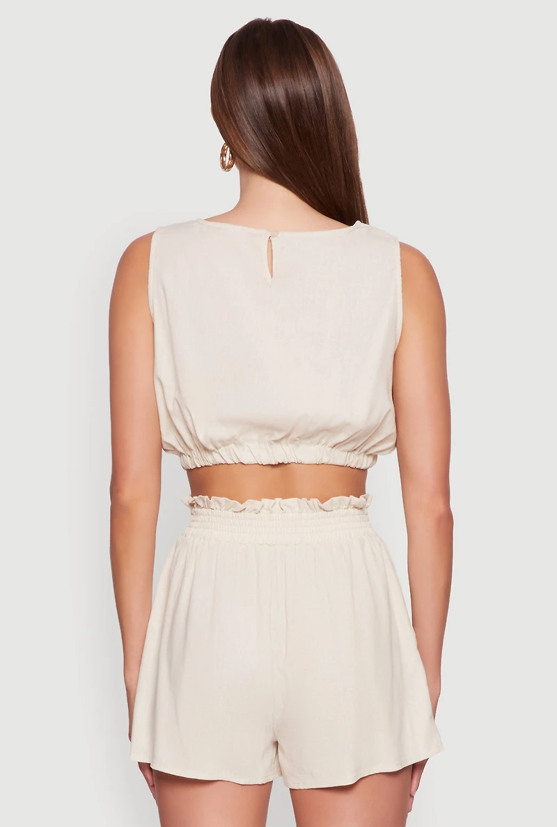 Womens Chic Linen Tank Top with Cropped Hem and Button Back, Beige, Size L