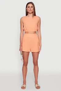 Womens Chic Linen Tank Top with Cropped Hem and Button Back, Orange,