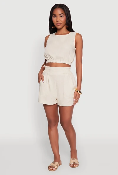 Womens Chic Linen Tank Top with Cropped Hem and Button Back,