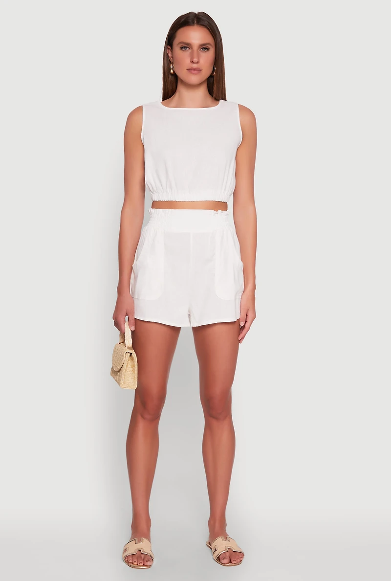 Womens Chic Smocked High Waisted Linen Shorts, White, Size XL