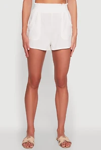 Womens Chic Smocked High Waisted Linen Shorts, White, Size XL