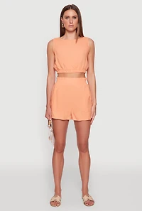 Womens Chic Smocked High Waisted Linen Shorts, Orange, Size S