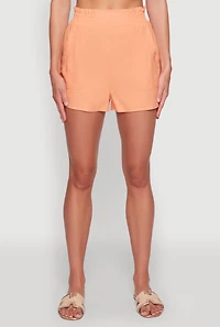 Womens Chic Smocked High Waisted Linen Shorts, Orange, Size S