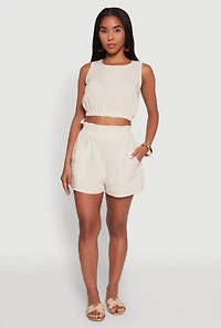 Womens Chic Smocked High Waisted Linen Shorts, Beige, Size M