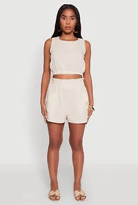 Womens Chic Smocked High Waisted Linen Shorts, Beige, Size M