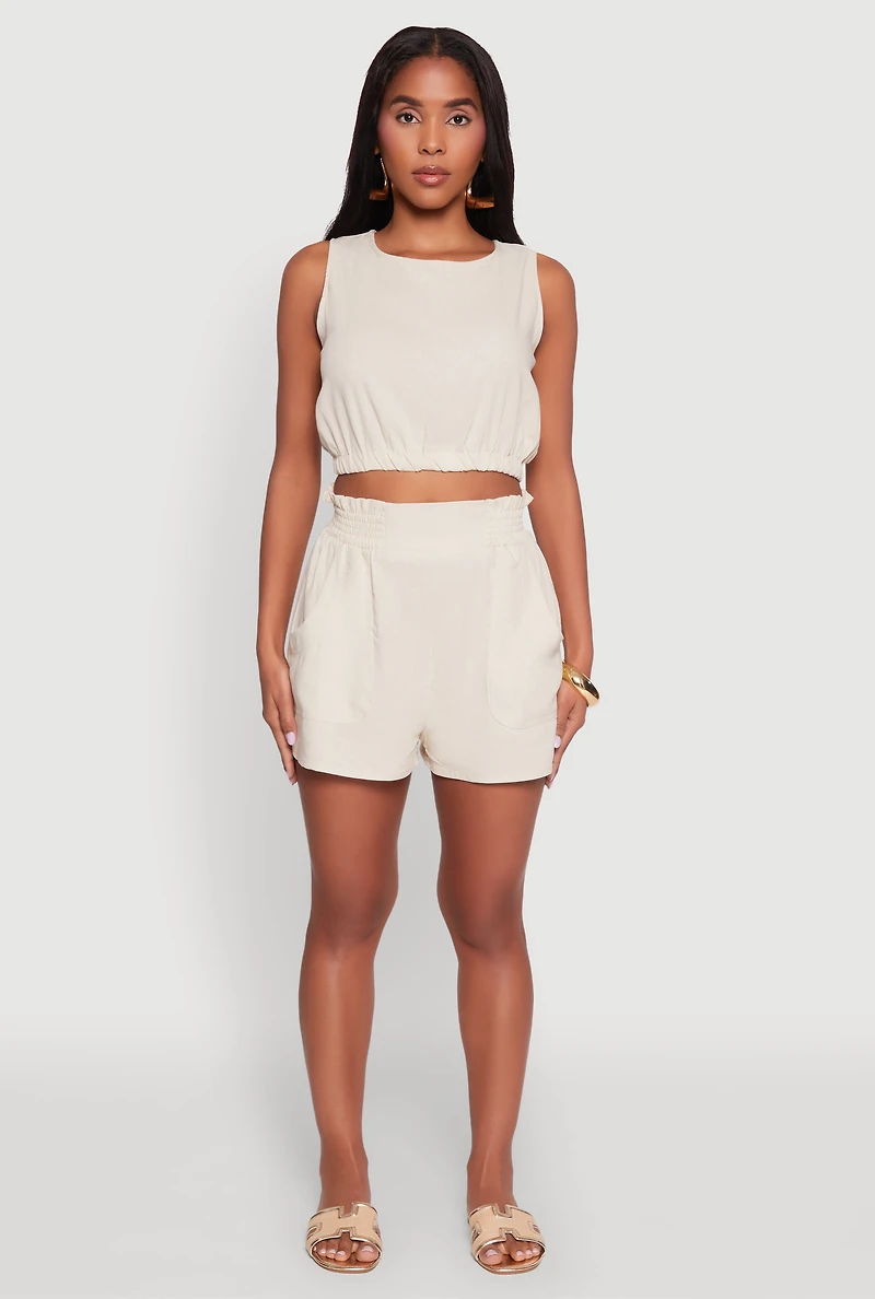 Womens Chic Smocked High Waisted Linen Shorts, Beige,